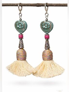 Turquoise Heart Earrings | Silver Patina Floral | Cotton Tassel | 2.5” Dangle